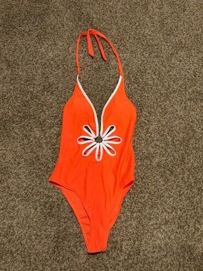 Orange One-Piece Swimsuit with White Trim